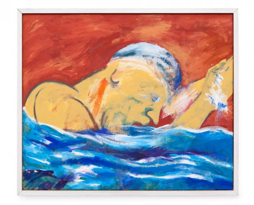Figuratives Gemälde mit einer Person über blauem Wasser